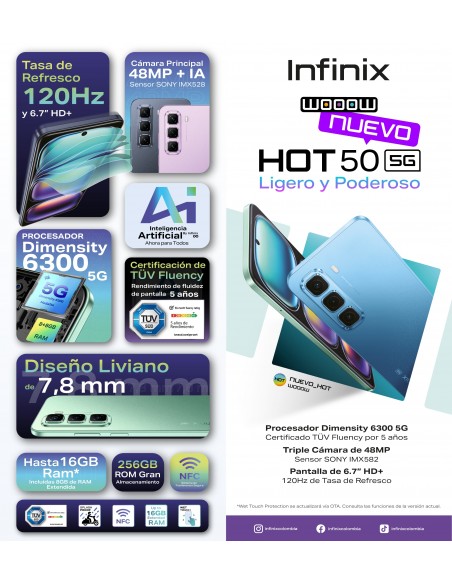 Nuevo INFNIX HOT 50 5G. Pasa a otro nivel a bajo costo. Cómpralo a crédito somos aliados ADDI SISTECREDITO Banco de Bogotá